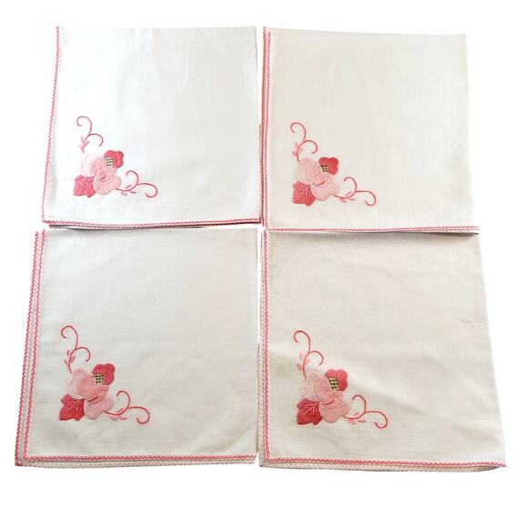 Pink Floral Embroidered Cloth Napkins 17" Vintage Cotton Set of 4 Rose - Picture 13 of 14